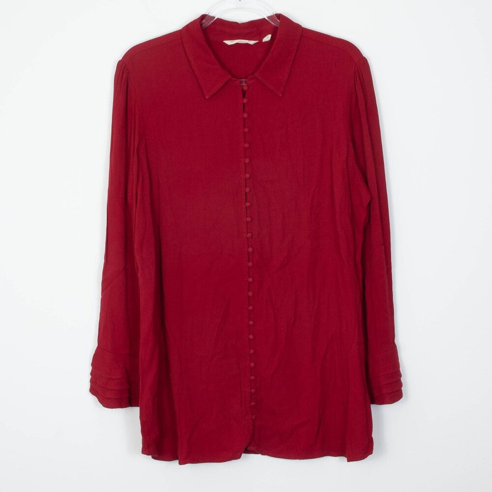 Soft Surroundings Womens Crepe Button Down Poet Blouse Red Size XL Ruffle Sleeve